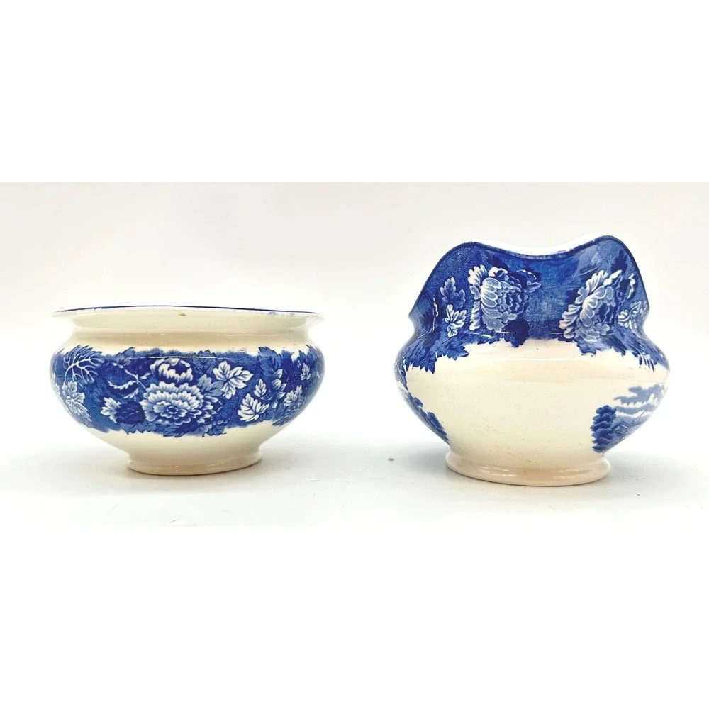 Vintage Enoch Wood's English Scenery Creamer Sugar Set Wood & Sons Blue White